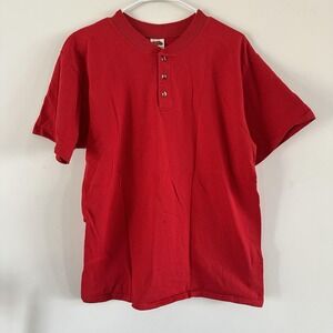 VTG Men's Fruit Of The Loom Lofteez Heavyweight Cotton T Shirt Henley Red Large